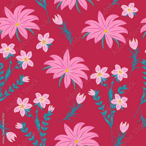 Seamless pattern with abstract flowers in viva magenta colors, vector background, plants, botanical design for fashion, fabric
