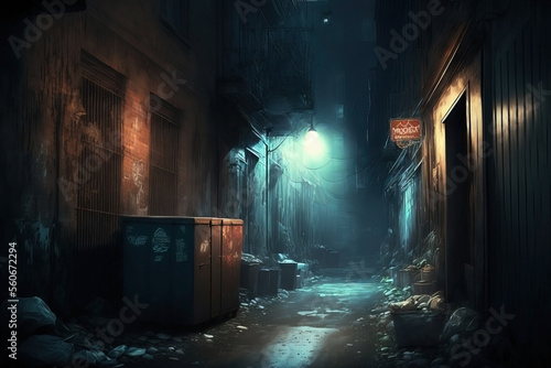 Street lights. Alley with several slums and buildings