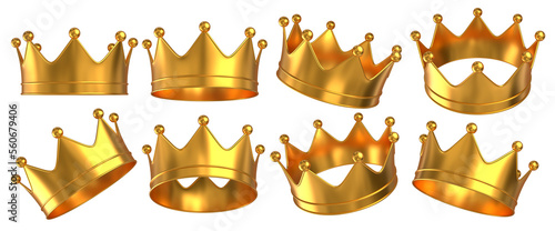 Golden crowns in different positions. Crowns for queen or king. 3D rendered image set.