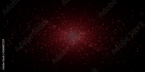 Wide red glitter holiday confetti with glow lights on black background. Vector illustration