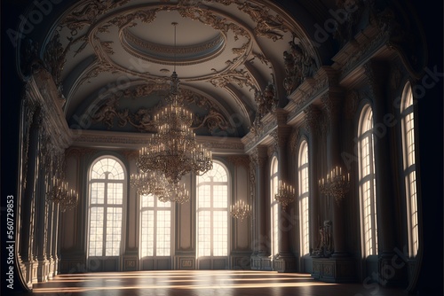 an empty glamorous rococo baroque ballroom generated by AI