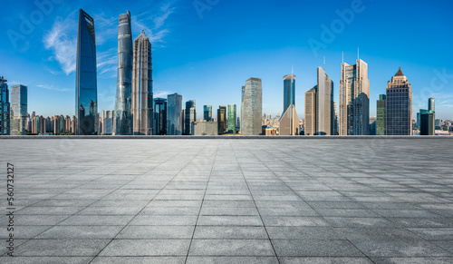 Empty square floor and city skyline with modern buildings in Shanghai, China.