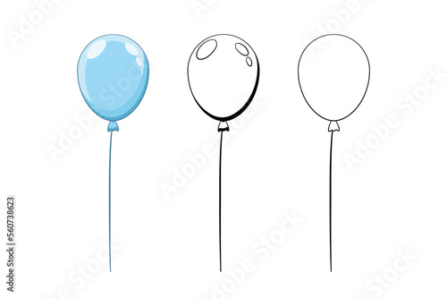 Okrągły balon, wypełniony helem w trzech różnych wersjach. Niebieski balon, w stylu komiksowym oraz obrys.