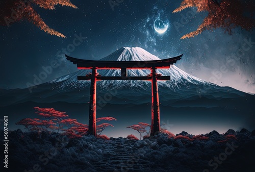 illustration of torii with Fuji mountain and milky way as background 