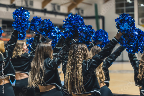 A group of cheerleaders are captured in mid-performance, their blue pom-poms waving in the air as they cheer on their team during a match. The young women are full of energy and excitement.