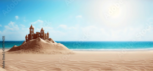 Holiday concept with sandcastle on the seaside, generative ai illustration