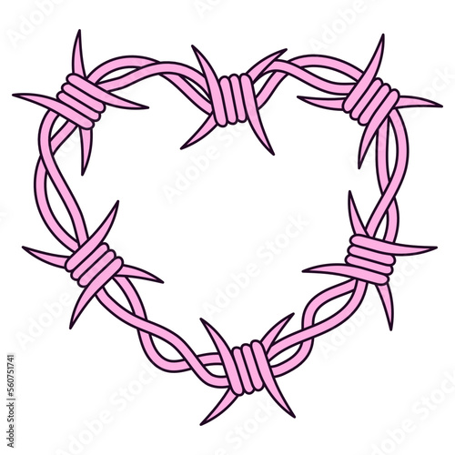 Pink barbed wire in the shape of a heart. Brutal style of the 2000s.