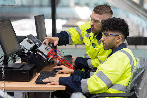 Two male engineers using desktop computer training Programmable logic controller or Programmable controller in the manufacturing automation and robotics academy room. Industrial computer concept