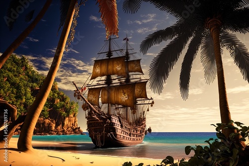 a pirate ship between palm trees on a tropical island. Generative AI