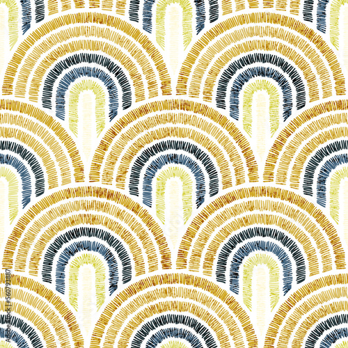 Seamless embroidered pattern. Wavy bohemian print. Patchwork ornament. Vector illustration.