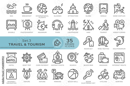 Set of conceptual icons. Vector icons in flat linear style for web sites, applications and other graphic resources. Set from the series - Travel and Tourism. Editable outline icon.