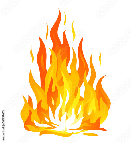 One big bonfire with long flames, red hot hearth illustration, tongues of flame isolated on white