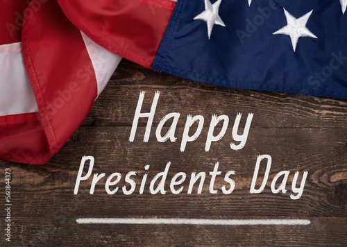 Happy Presidents' Day Typography Over Distressed White Wood Background with American Flag Border