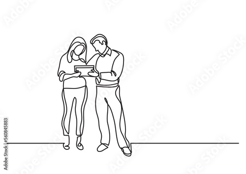 continuous line drawing man woman standing discussing work - PNG image with transparent background