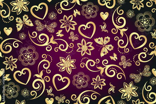 Vector seamless dark purple floral valentine pattern with gold lace vintage curls and flowers and butterflies