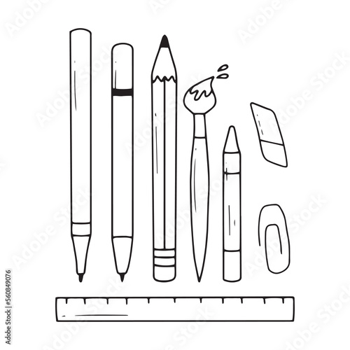 Set of school items. Vector illustration. Doodle style. Collection of school elements. Back to school. Pen, pencil, eraser, ruler, crayon.