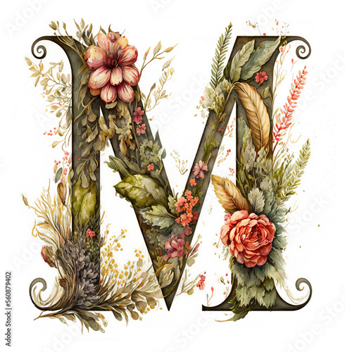 letter M monogram watercolor floral wildflowers weddings isolated blossom bouquet uppercase capital alphabet initials invitations greeting thank you cards poster holiday transparent png background ai