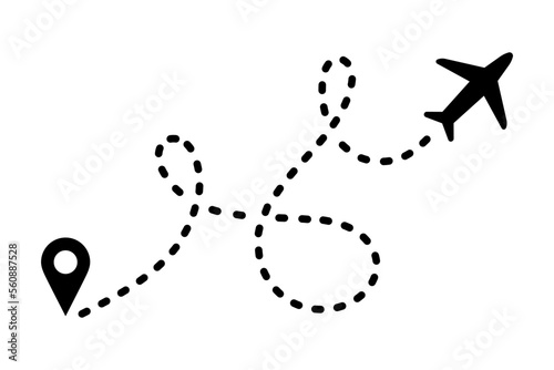 Icono de ruta de avión con símbolo de ubicación. Trayectoria de viaje. Ilustración vectorial