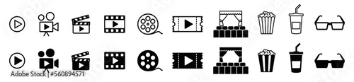 Cinema icons vector set. Movie, film, video, tv and more icon for apps and websites, symbol illustration