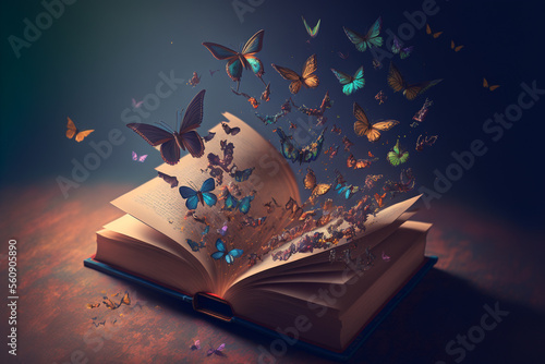 An open book with butterflies flying out of it, Generative AI