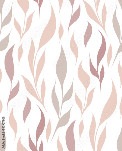 Vector seamless pattern with delicate branches and stems with foliage on a white background. Natural texture in pastel colors