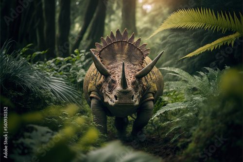 Hyperrealistic Triceratops Dinosaur In the Jungle Generative AI