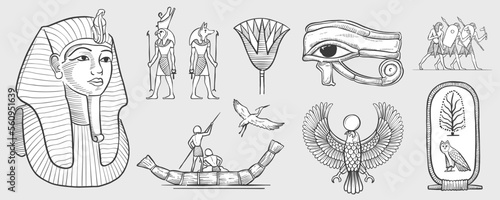 Eye of Horus, Tutankhamun’s pharaoh mask, stork, palm, owl, cartouche, fisherman on papyrus boat, warriors, Horus falcon, Amun Ra, Anubis.