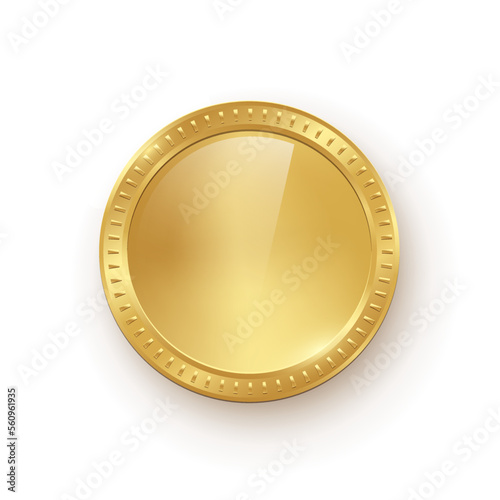 Gold coin vector illustration. 3d realistic golden money cash or treasure sign, isolated shiny medal or premium game prize, front view of metal coin with round border frame