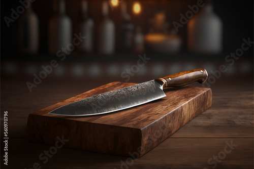 Chef's kitchen knife on a wood butcher block, wooden handle and decorative sharp cutting blade, generative AI