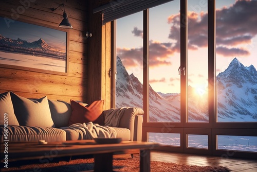 Mountains View Chalet Cabin Cosy Window. Wooden Cozy Hygge Interior with Winter Lanscape.
