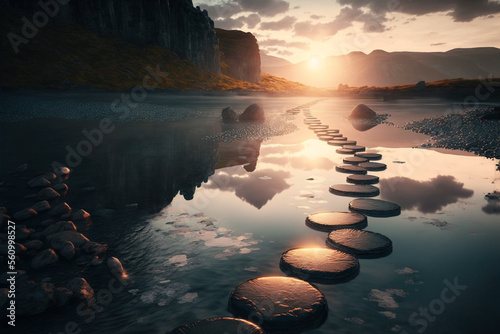 A row of stepping stones in the water at sunset, Generative AI