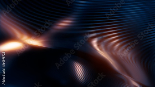 Dark teal or blue bg with orange light - digital metal curves art - abstract 3D rendering