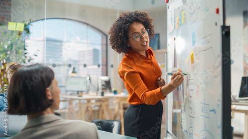 Diverse Modern Office: Black Businesswoman Leads Business Meeting with Managers, Talks, Explains Statistics, Uses a Whiteboard with Graphs, Big Data. Digital Entrepreneurs Work on eCommerce Project