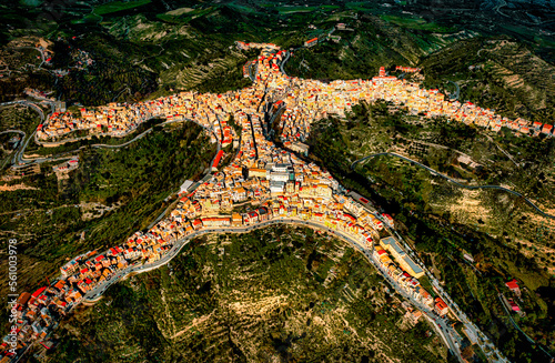 Aerial view of a beautiful Italian mountain town Centuripe, Sicily, Italy, Europe