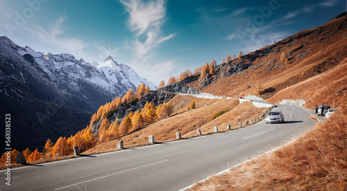 Awesome alpine highland in sunny day. Colorful spring scene. Summer view of Asphalt road Grossglockner High Alpine Road. Amazing natural scenery in High Tauern National Park. Picture of wild area