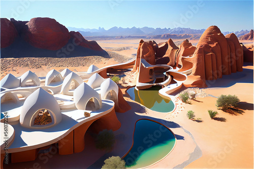 Luxurious modern organic hotel in the middle of the desert, generative ia