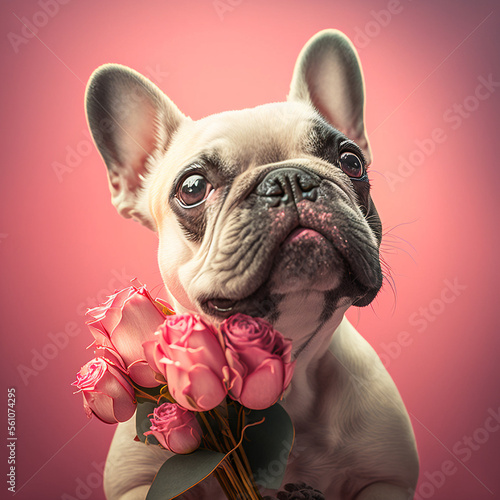 Bulldog francese felice con rose e sfondo rosa per san valentino