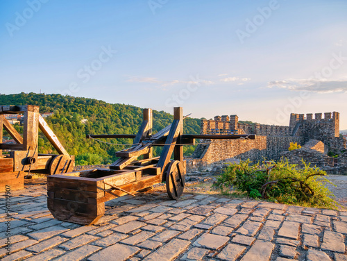 Beautiful view with a medieval ballista weapon guarding the Tsarevets Fortress in Veliko Tarnovo, Bulgaria