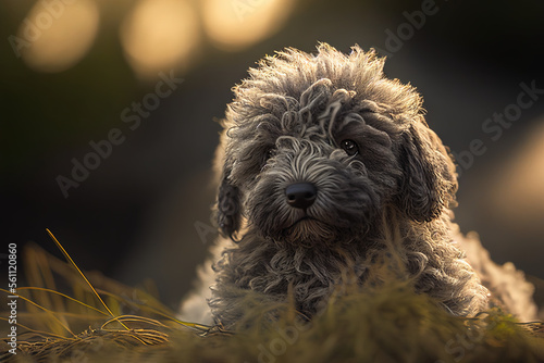 Bergamasco Sheepdog puppy sitting in the grass, cute dogs, Generative AI