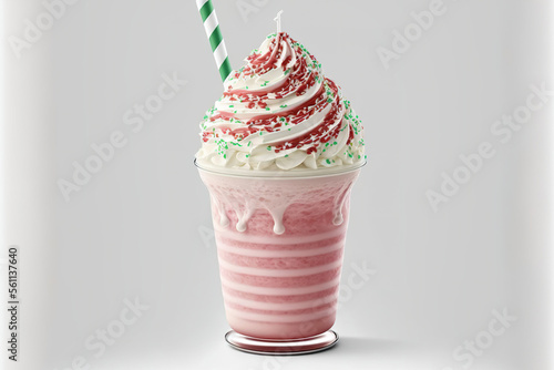 Isolated on a white background, a whipping strawberry frappuccino latte milkshake with cream, sorbet, syrup, and sherbet. Generative AI