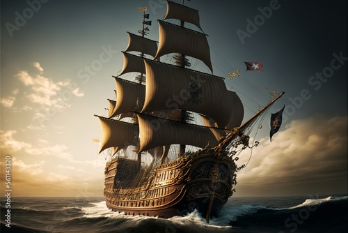Landscape with pirate ship at sea, horizon in background. AI digital illustration