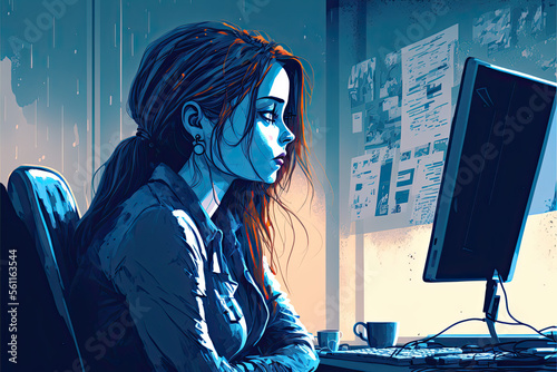 joyless cute girl working at office blue monday mood illustration generative ai