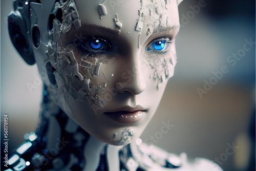 Futuristic AI Android in cinematic lighting, photoreal, realism, porcelan skin created with generative ai technology