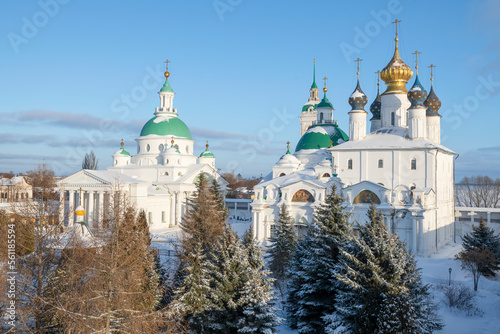 Temples of the ancient Spaso-Yakovlevsky Dmitriev monastery on a January day. Rostov, Golden Ring of Russia