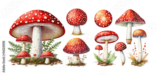 Set of watercolor amanita muscaria mushrooms isolated on white. Generative AI, edited in Photoshop. Perfect stickers set