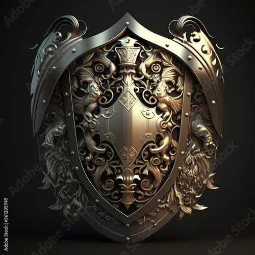 Medieval armor helmet and shield, bright shining with gold and silver
