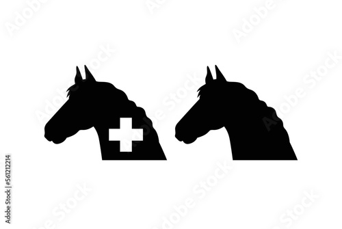 Horse head profile silhouette vector. Equestrian veterinary clinic logo design icon with medical cross.