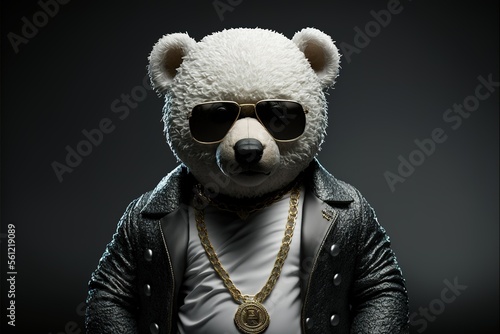 White bear in gangster look with wearing sunglasses and gold chain and expensive leather jacket. leather jacket. animal portrait. Generative AI