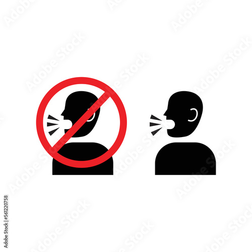 Do not talk sign please be quiet icon vector. Profile of noisy man shouting head in crossed out circle.