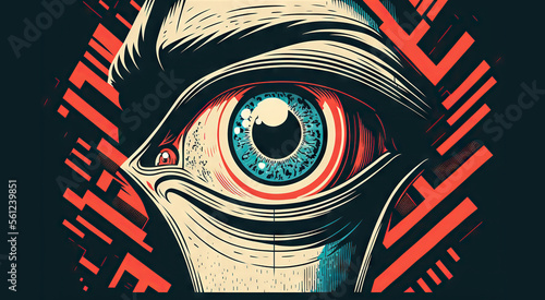 Big brother is watching you, big eye close-up illustration, totalitarian regime concept. Generative AI